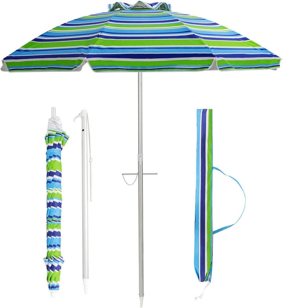 Gymax 6.5Ft Beach Umbrella w/ Tilt Mechanism Sand Anchor Carrying Bag Blue + Green