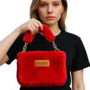 FHQHTH Fluffy Faux Fur Crossbody Bag for Women  Cute Small Purse with Chain Strap, Plush Evening Handbag & Makeup Bag (Red)