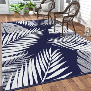 GENIMO Outdoor Rug 5' x 8' Waterproof for Patios Clearance, Reversible Outdoor Plastic Straw Camping Rug Carpet, Large Area Rugs Mats for RV, Picnic, Backyard, Deck, Balcony, Porch, Beach, Blue & White