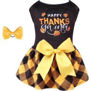 CuteBone Happy Thanksgiving Day Dog Fall Dress Costume Velvet for Small Dogs Girl Puppy Dresses Yellow Plaid Dog Clothes CVA03L-D 