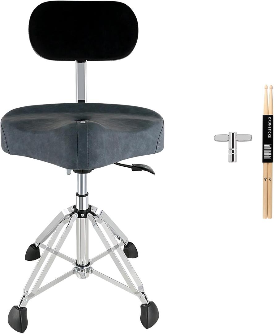 ROWELL Drum Throne with Backrest Hydraulic Drum Stool Height Adjustable Airlift Drum Thrones 4 Leg Heavy Duty Drum Seat 4.3 in Thick Padded Drum Chair Drum Stools for Drummers,Guitar Players (Blue) (Motorcycle)