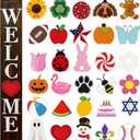 Interchangeable Welcome Sign for Front Porch 47 x 7.9 Inch Wooden Porch Sign with 30 Interchangeable Designed Patterns for Home Farmhouse Halloween Christmas Thanksgiving Decor (Wood Color)