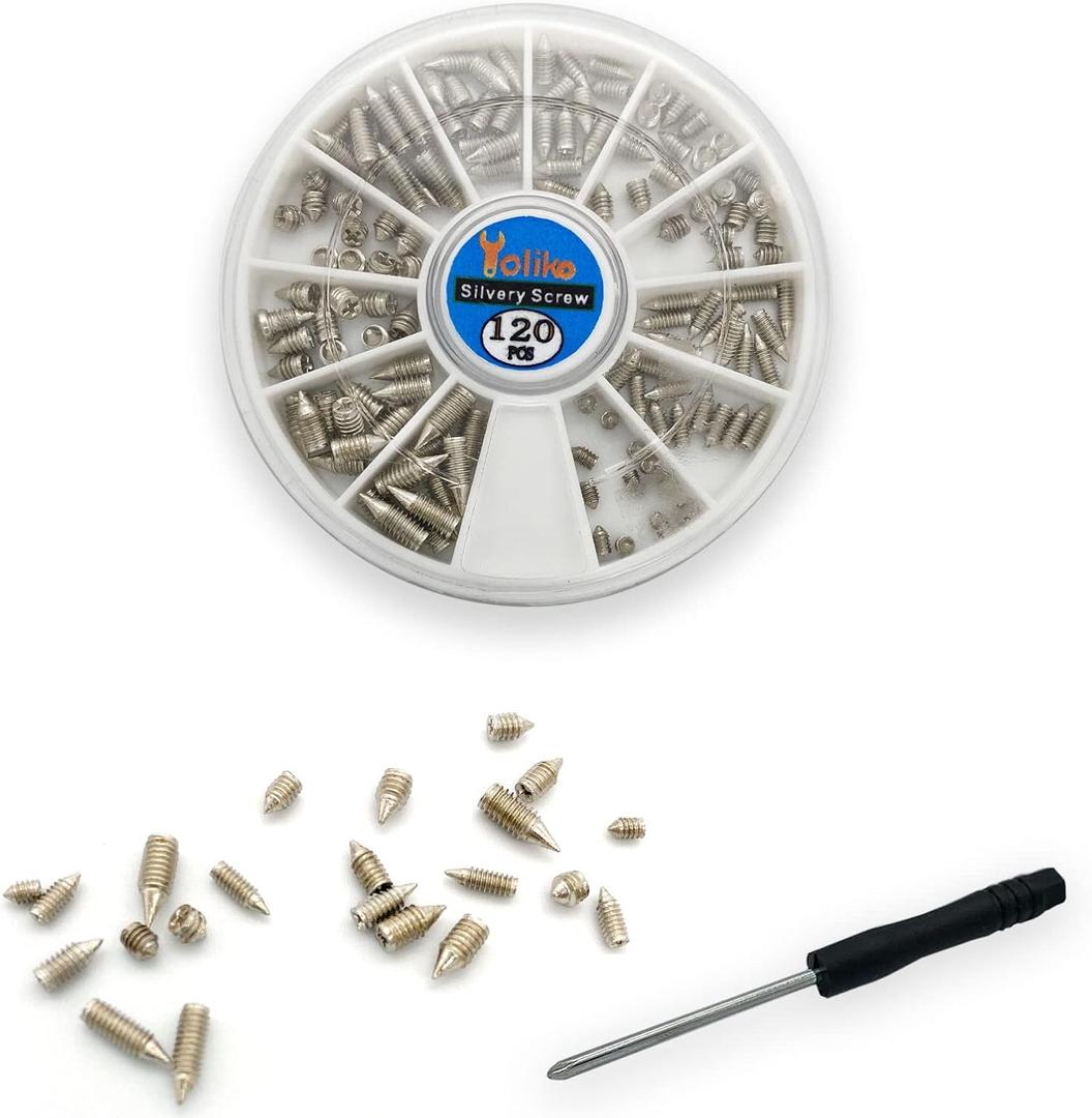 120 pcs Nickel Plated Tip Screws Pointed Cross Slot Leather Accessories 12 Sizes Belt Screws Include M2*3-M2*6, M2.5 * 3-M2.5 * 8, M3*3-M3*8 with 2mm Screwdriver for Belt Buckle Wallet Handbag Purse