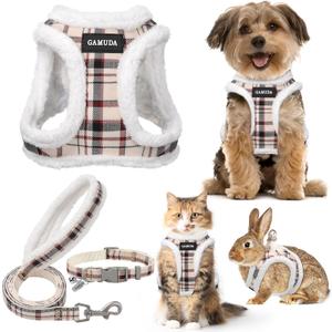 GAMUDA Small Dog Harness Collar and Leash Set, Step in No Chock No Pull Soft Mesh Adjustable Dog Vest Harnesses Plaid Reflective for Dogs Puppy Cats Kitten Rabbit (Warm Beige, S)
