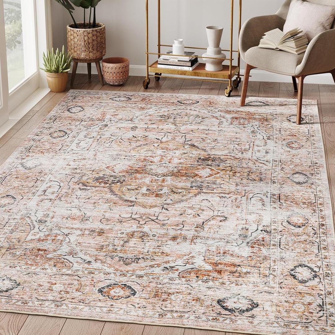 4x6 Rugs for Living Room Bedroom,Non-Slip Washable Rug,Stain Resistant Lightweight Area Rugs for Dining Room,Ultra-Thin Indoor Floor Carpet (Peach/Gold, 4'x6')
