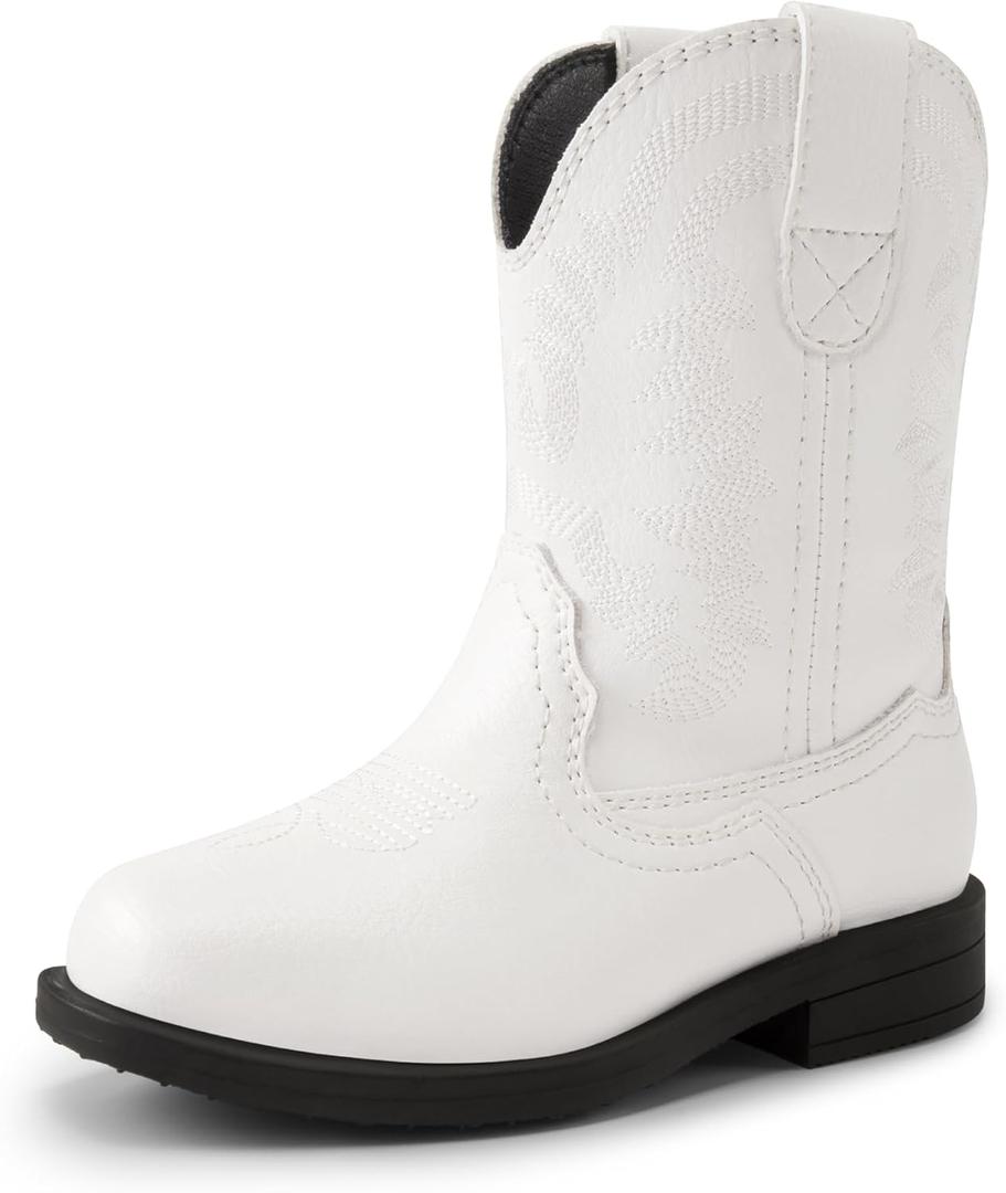 DREAM PAIRS Toddler Little Boys Girls Cowboy Boots Kids Western Square Toe Riding Mid Calf Boots (White), Size: 8 Toddler
