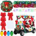 38pcs Christmas Parade Golf Cart Decoration Kit with Light String Golf Cart Supplies Christmas Wreath Bow Red Green White Tinsel Garland Colorful Bulb Cutouts with Glue for Holiday Parade Decoration