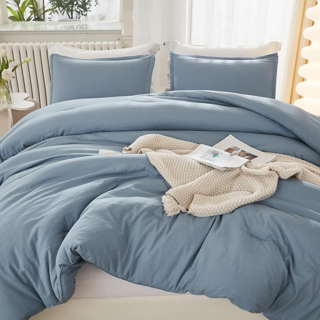 Litanika Comforters Queen Size Set Grayish Blue, 3 Pieces Lightweight Solid Bedding Comforter Set, All Season Fluffy Bed Set (90x90In Comforter & 2 Pillowcases)