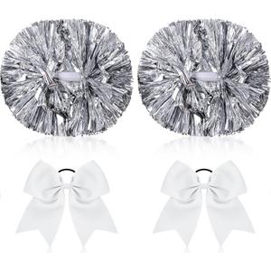 4 Pcs Cheerleading Pom Poms with Baton Handle and Cheerleader Hair Bows, 14 Inch Metallic Cheer Supplies for School Team Spirit Sports Dance Cheering (Silver, White)