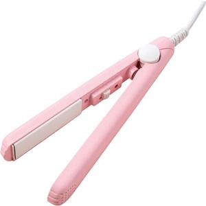 Mini 2-in-1 Ceramic Curling Iron and Straightener, Travel Size Dual Voltage Hair Styling Tool for Short Fine Hair, Lightweight Portable Iron Heating Curler (Pink)