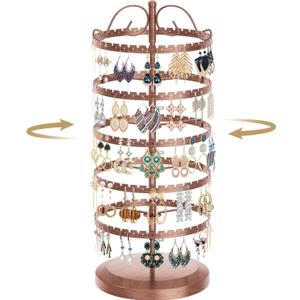 LASZOLA 5 Tier Bronze Earring Holder Organizer Tree Women Display Storage for Stud and Hoop, Large Cool Rotating Clip Stand for Pierced and Dangle Earring, Vertical Metal Tower Carousel with 400 Holes