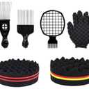 Hair Sponge Set, Magic Curl Glove, Afro Brush, Metal Pick Comb, and Twist Comb for Hairstyling (Black-6Pcs)
