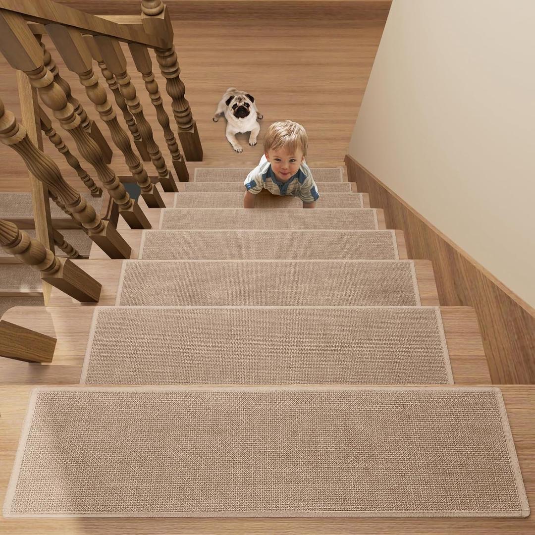 Stair Treads Carpet for Wooden Steps with Non Slip Rubber Backing, 100% Polyester Soft Stairs Resistant Indoor Skid Runner Safety Rugs for Kids Elders and Pets (15, Camel, 30" * 8")