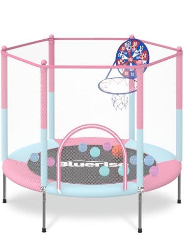BLUERISE 55IN Toddler Trampoline for Kids Indoor Play for Kids Trampoline Basketball Hoop Attachment with Enclosure Net Easy to Assemble Recreational Trampoline Pink