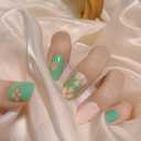 24 Pcs Gold Line Press on Nails Short Almond Glossy Fake Nails Green False Nails Stick on Nails Full Cover Reusable Acrylic Nails for Women Nail Design