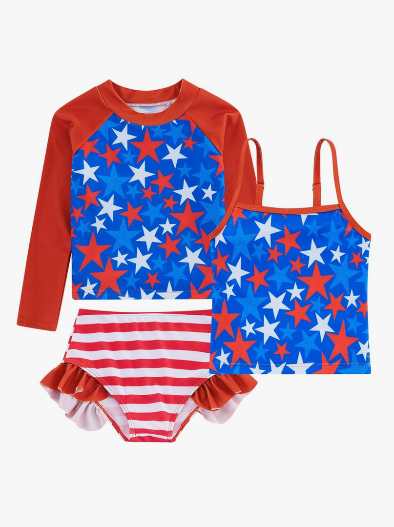Funnycokid Girls Swimsuit 3 Pieces Long Sleeve Rash Guard Set Tankini Bathing Suits Summer Kids Swimwear 3-10 Years, Size -6T