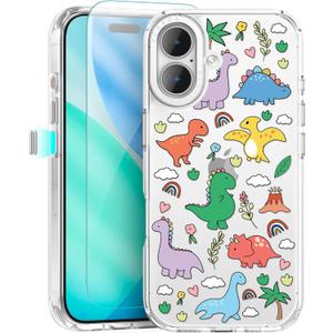pcgaga Aesthetic Phone Case for iPhone 17 6.3" with Embossed Patterned Hard Clear Back Cover,Slim TPU Bumper,Camera Frame -360Shockproof Full Protection, Dinosaur
