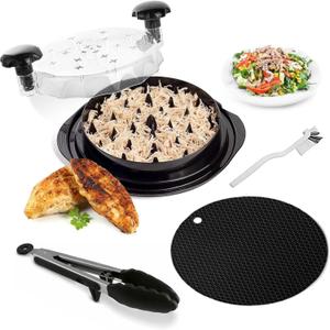 PrimeEase Chicken Shredder Tool Twist Large  10 Meat Shredder Tool with Non-Slip Mat, Cleaning Brush & Tong  Meat Shredder for Chicken  Ergonomic Handle, Dishwasher Safe & BPA Free (Black)