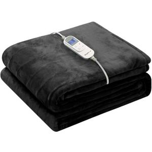 Wapaneus Foot Pocket Heated Blanket Electric Throw with 10 Heating Levels and 4 Timer Settings 4 Hours Auto Shut Off, Flannel Fast-Heating Heated Throw 50" x 60", Machine Washable, Black