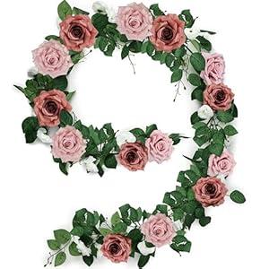 DIYDOFUN Artificial Rose Garlands, 5.9 FT Flower Floral Vine for Wedding Arch Aisle Mantle Table Runner Centerpieces Backdrop Patio Decorations - Dusty Pink