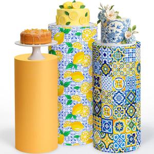 Mindsoft Set of 3 Mediterranean Capri Lemon Spandex Cylinder Stand Covers for Party, Amalfi Coast Cylinder Pedestal Cover, Dessert Table Display for Summer Birthday Party Backdrop Decor