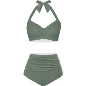Holipick Women High Waisted Bikini Set Two Piece Swimsuit Tummy Control Bathing Suit Vintage Halter Swimwear (Medium, Olive Green)
