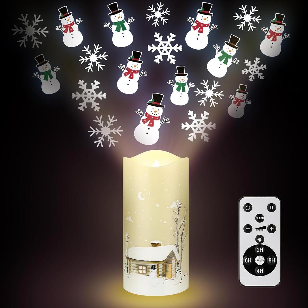 Baquler Christmas Flameless Candles Projector Indoor Snowflake Snowman Projector Light Holiday LED Candle Battery Operated Night Light with Remote Timer Winter Party Gift for Bedroom Room Home Decor