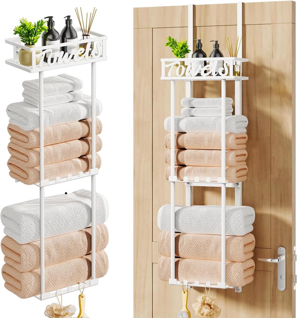 HapiRm Towel Rack Bathroom Storage - 3 Tier Over The Door & Wall Mount Rolled Towel Racks Holder Organizer with Metal Shelf Basket and 6 Hooks for Small Bathroom (White)