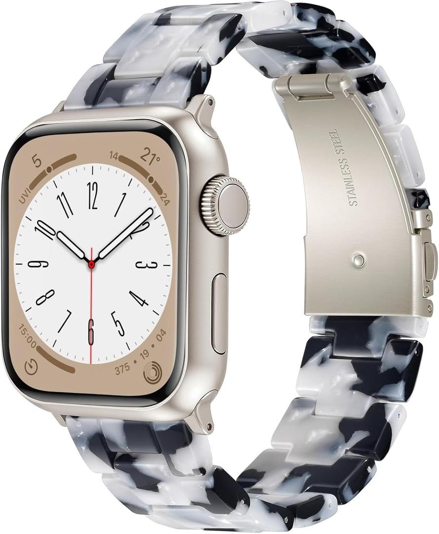 V-MORO Resin Bands Compatible with Apple Watch Series 11/10/9/8/7 Band 45mm 46mm Starlight Buckle Lightweight Fashion Strap Bracelet for iwatch Series SE/6/5/4/3/2/1(Black/White,42/44/45/46/49mm)