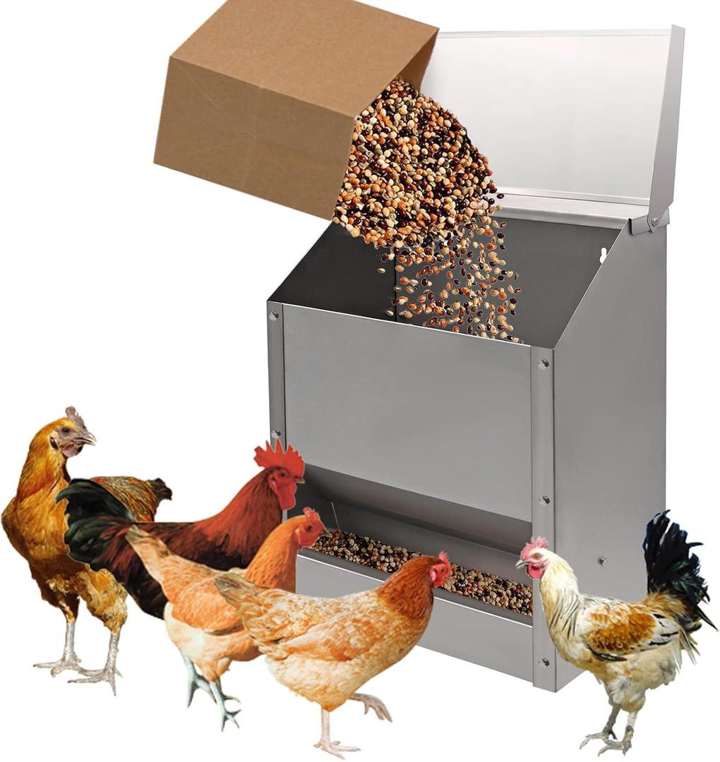 Stainless Steel Chicken Feeders No Waste Poultry Feeder Rainproof Hanging Poultry Feeder Trough with Lid Holds 25lbs of Feed, No Assembly Required