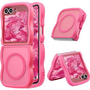UEEBAI Magnetic for Samsung Galaxy Z Flip 5/Z Flip 6/7 FE Case, Compatible with MagSafe, 2025 Transparent Clear Wave Frame Design Soft Edge Cover Matte Shockproof Phone Case- Hot Pink