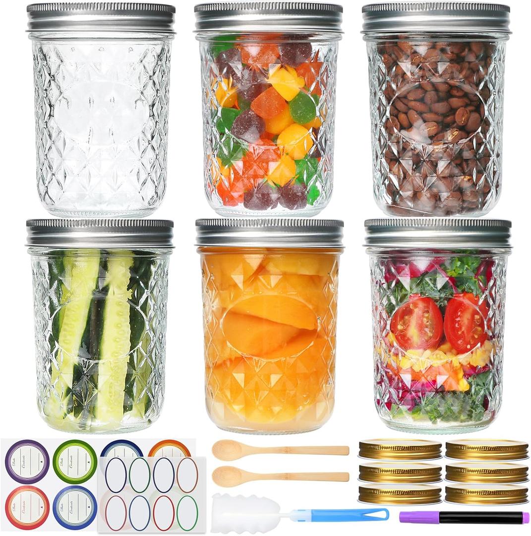 Mason Jars 16 oz, Canning Jars with Metal Airtight Lids and Bands, Wide Mouth Mason Jars Ideal for Jam, Jelly, Yogurt, Overnight Oats, Meal Prep, Wedding Favors, 6 Pack
