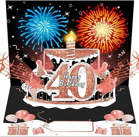 Uiorgui 40th Birthday Cards for Women, Pop Up Cake Blow Out Candle Fireworks Light and Music Black Rose Gold Happy 40th Birthday Card Gift for Women, Sister, Wife, Mom, Friends