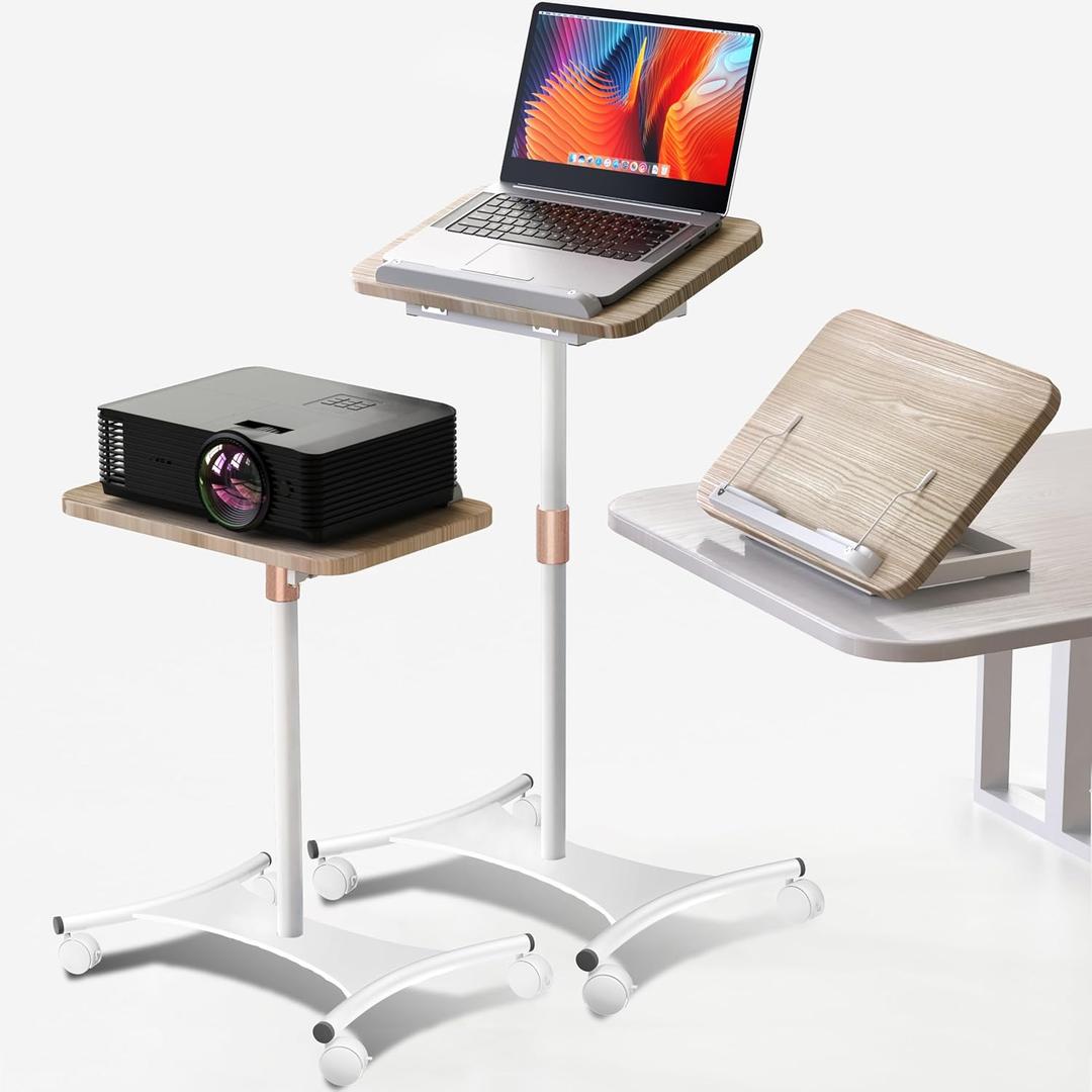 Rolling Laptop Stand, 2 in 1 Dual-use Floor & Desktop, Adjustable Height from 16.5" to 51", with 4 Lockable Casters, Small Mobile Standing Desk Perfect for Home, Office, Meeting Room, Study (White-N) (Wheeled)