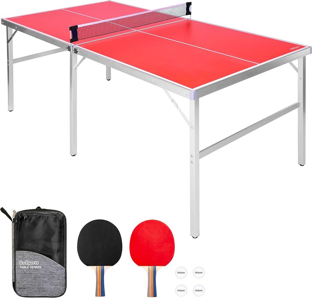 GoSports Mid-Size Table Tennis Game Set - Red or Blue - Indoor/Outdoor Portable Table Tennis Game with Net, 2 Table Tennis Paddles and 4 Balls