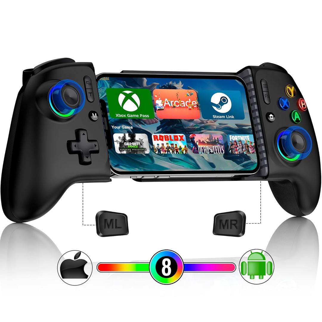 Mocagen Mobile Gaming Controller, MC2 Phone Controller for iPhone/Android/Switch/Oled/Switch 2 with Programmable/Hall Effect Joysticks & Analog Triggers/RGB Light (Xbox Layout-Black)