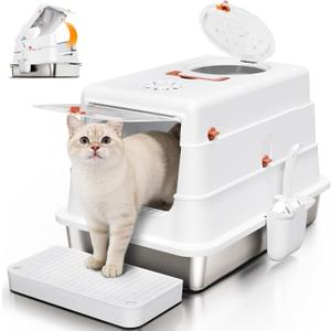 Stainless Steel Cat Litter Box with Lid, Enclosed Extra Large Metal Litter Pan for Big Cats, Full Flip Cover High Sided LitterBox Include Scoop, Easy Cleaning, Non-Stick, White