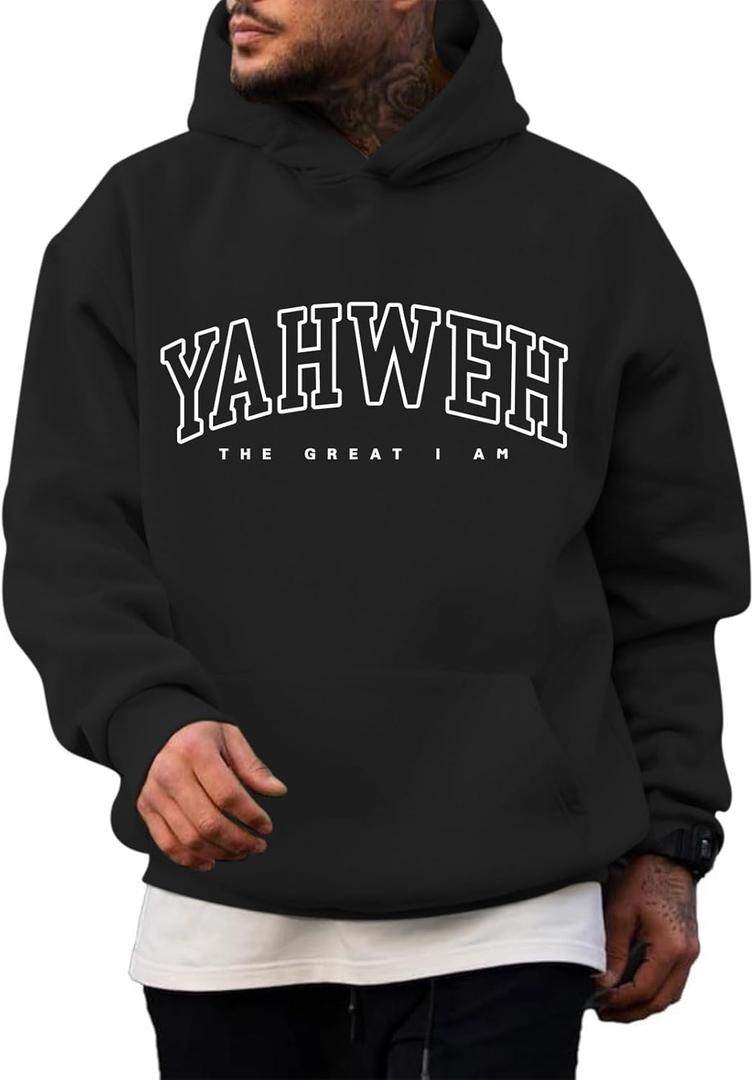 Christian Jesus Hoodies For Men Graphic Yahweh Hoodie Bible Verse God Sweatshirt Religious Faith Cotton Pullover Tops (X-Large, Black)