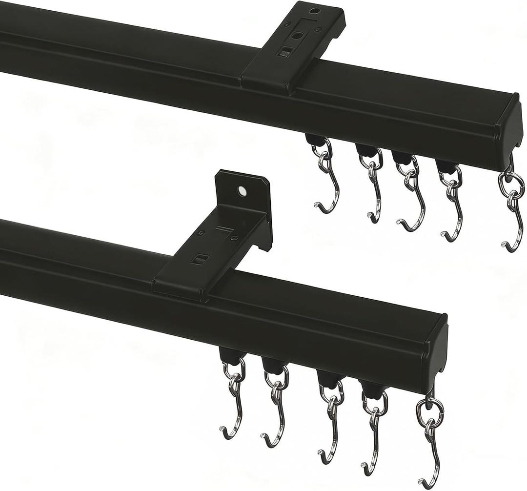 ChadMade Ceiling/Wall Mount Curtain Track Rod Set with Hooks, 6ft - 9ft Adjustable Length Window Rod Track Curtain Rail System For Living Room, Work with Grommet & Pinch Pleated Curtain, Black