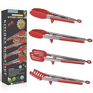 4in1 Stainless Steel Kitchen Food Tongs Set for Cooking with BPA Free Silicone Tips, Toaster Steak Pie Pizza Pasta Spaghetti Noodles Salad Fruit Vegetable Grill BBQ Buffet Clamp Serving Tools Gadgets