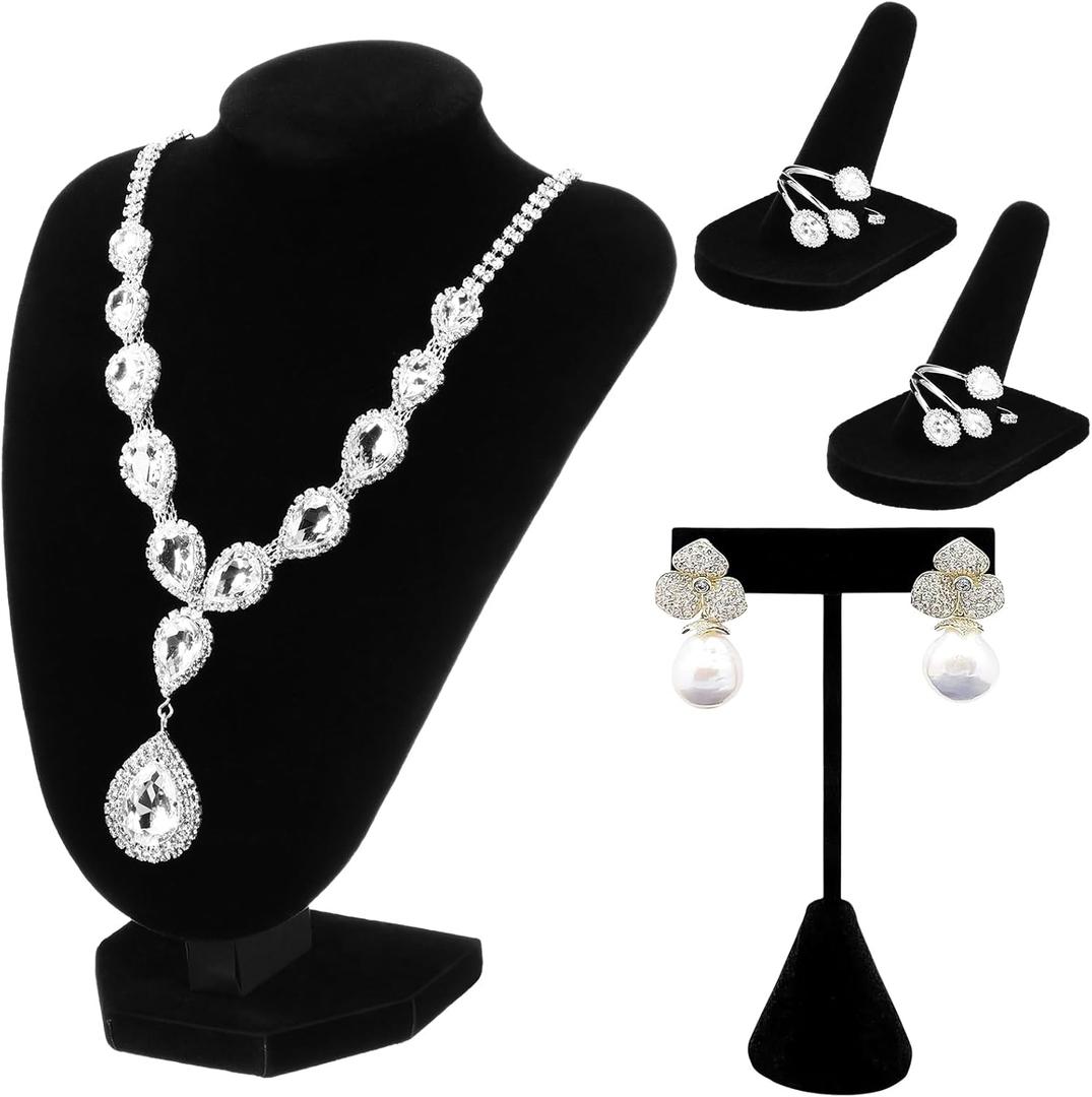 Wenqik 3 Pcs Velvet Jewelry Display Set Velvet Necklace Bust Holder T Shape Earring Stand Ring Finger Jewelry Holder, Black