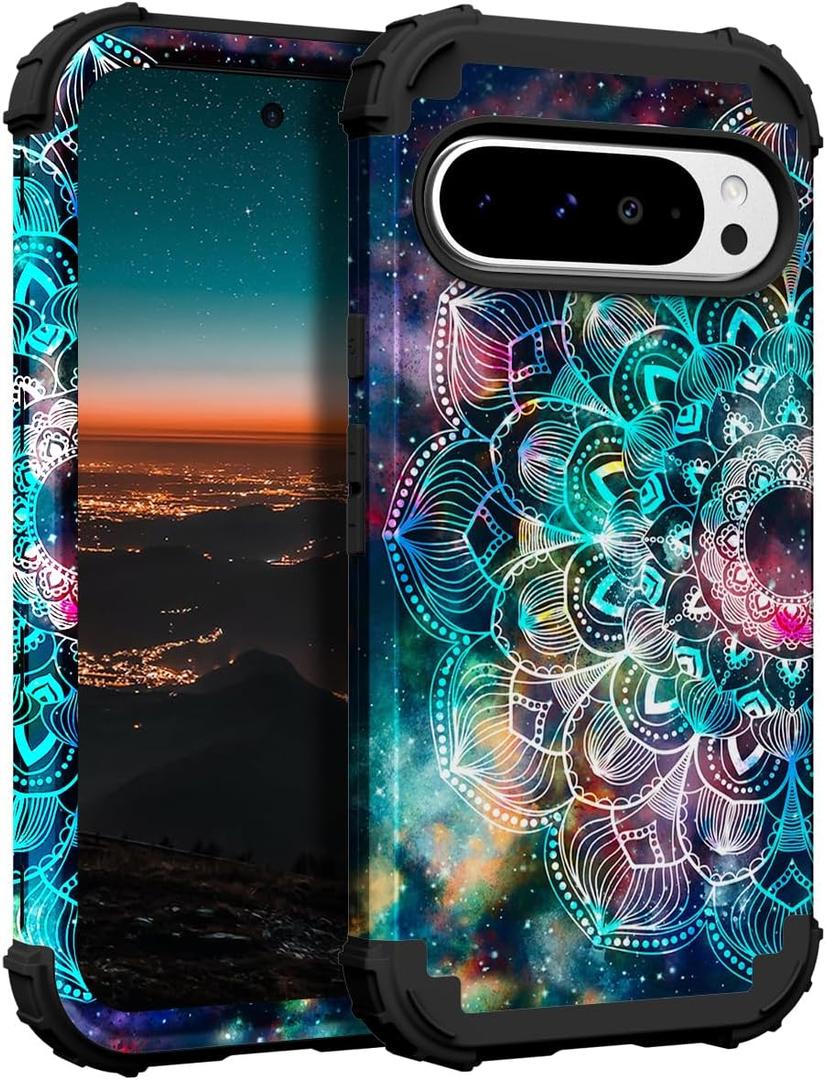 Hocase for Google Pixel 9 Pro XL Case, Shockproof Heavy Duty Protection Hard Plastic+Silicone Rubber Bumper Hybrid Protective Case for Google Pixel 9 Pro XL 6.8" 2024 - Mandala in Galaxy