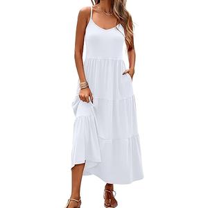 Halife Womens Flowy Tiered Maxi Dress Sleeveless Summer Sundresses Adjustable Straps Long Beach Sun Dresses with Pockets White M