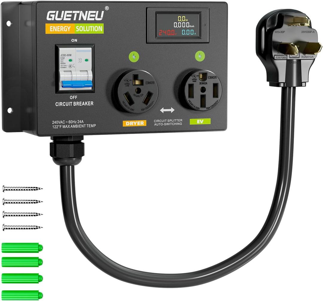 NEMA: 10-30P to 10-30R 14-50R, 240 VAC Dryer Splitter with Breaker, Dual Socket, EV Auto Power Switch, Fast Charge for 2 EVs, Left-Side Power Supply Priority