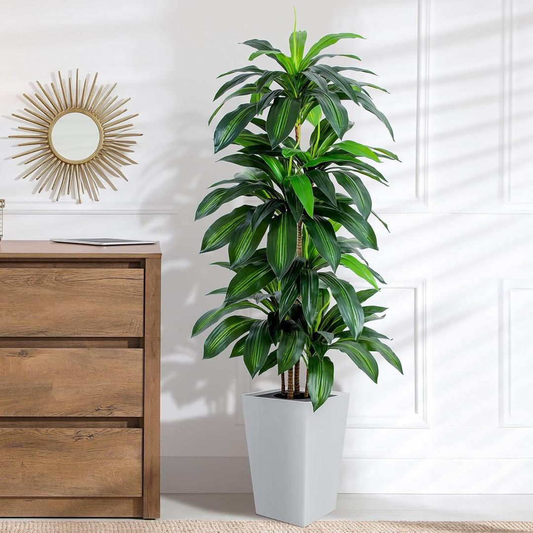 Artificial Dracaena Tree with White Tall Planter, 5ft Tall Potted Artificial Dracaena Silk Plant, Fake Yucca Tree Plant, Home Office Floor Room Decor Plants Indoor Outdoor, Housewarming Gift