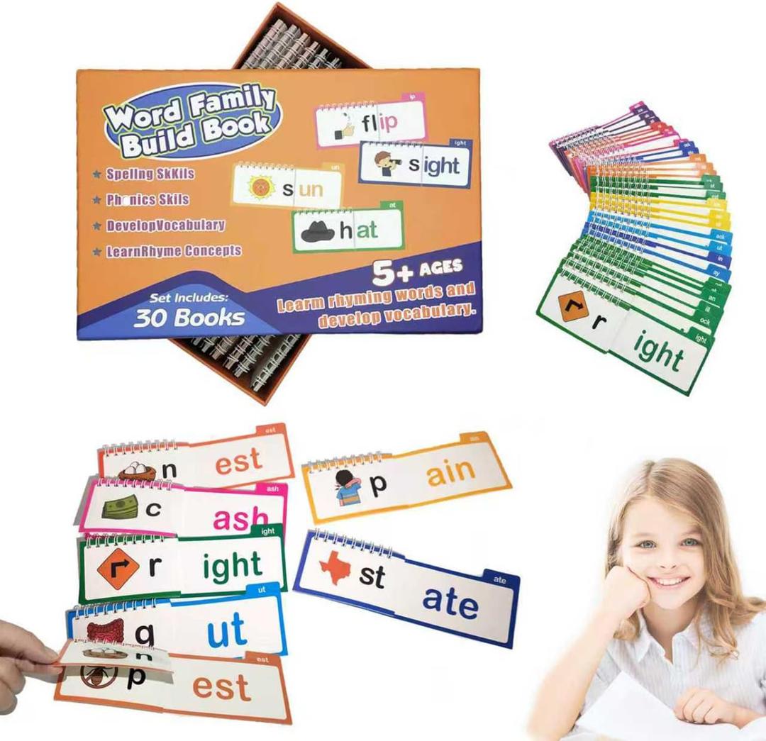 30 Read and Rhyme Flip Books, 1Set Word Family Build Book, Sight Words Flash Cards Kindergarten, Phonics Flash Cards Reading Games (1Set)