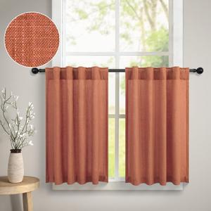 2 Tier Kitchen Curtain 36 Inch Length Back Tab Pocket Linen Light Filtering Glare Control Non See Through Sheer Short Small Window Curtains for Living Room Dining Bedroom 30 x 36in Long 3FT Terracotta