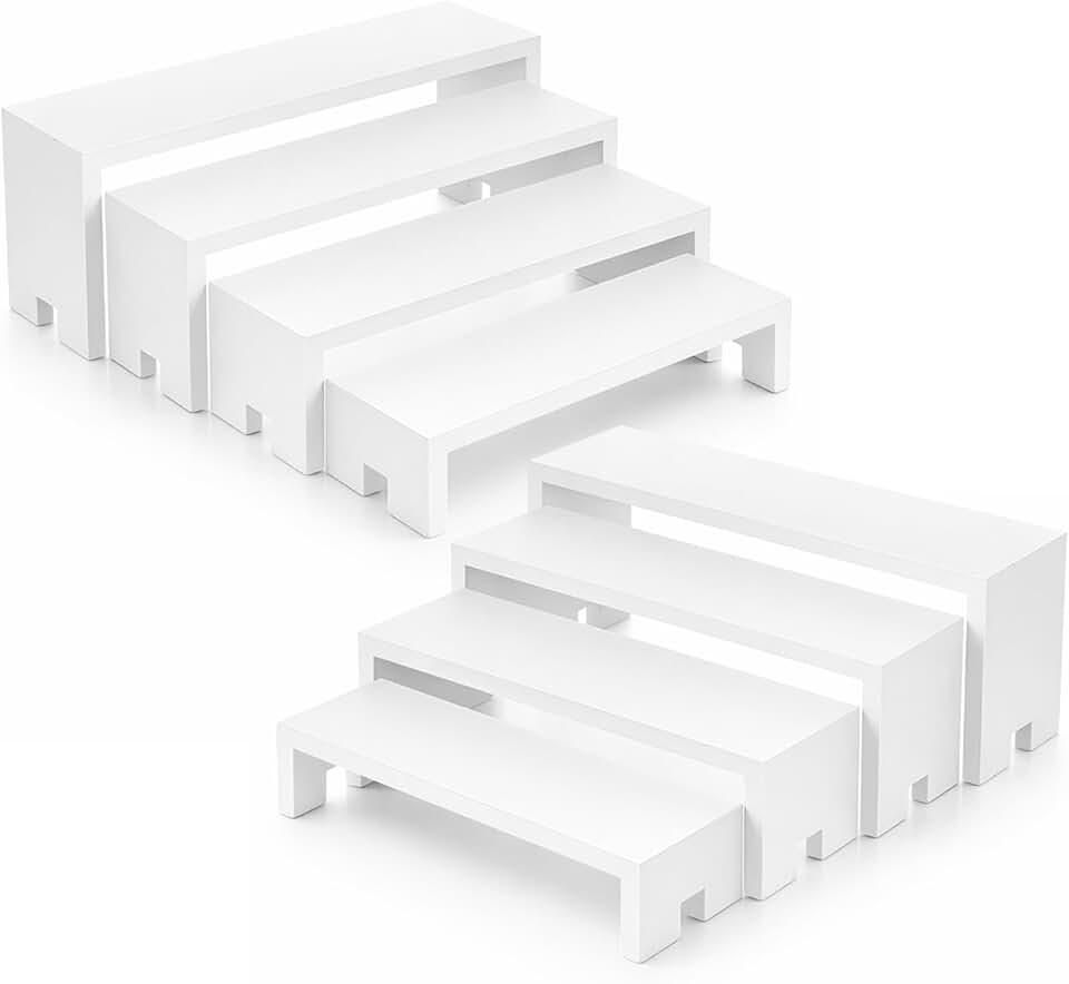 1 Set Large White Display Risers Wooden Tiered Risers Stand 4 Tiered 8Pcs Wood Display Riser Set Layered Aesthetic Shelves Stackable Wooden Cupcake Stand Racks Cupcake Stands Perfume Displays Stands