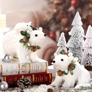 2 Pack Winter Christmas Sisal Polar Bear Table Decor, Polar Bear Figurines, Home Office Forest Animals Decor, Country Tabletop Christmas Decoration, Seasonal Gift