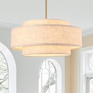Fenluster Gold Modern Chandelier 20'' Linen Drum Chandeliers with 3 Layer Fabric Lampshade Pendant Light Fixture 4-Light Farmhouse Chandeliers for Dining Room Bedroom Kitchen Hallway Foyer